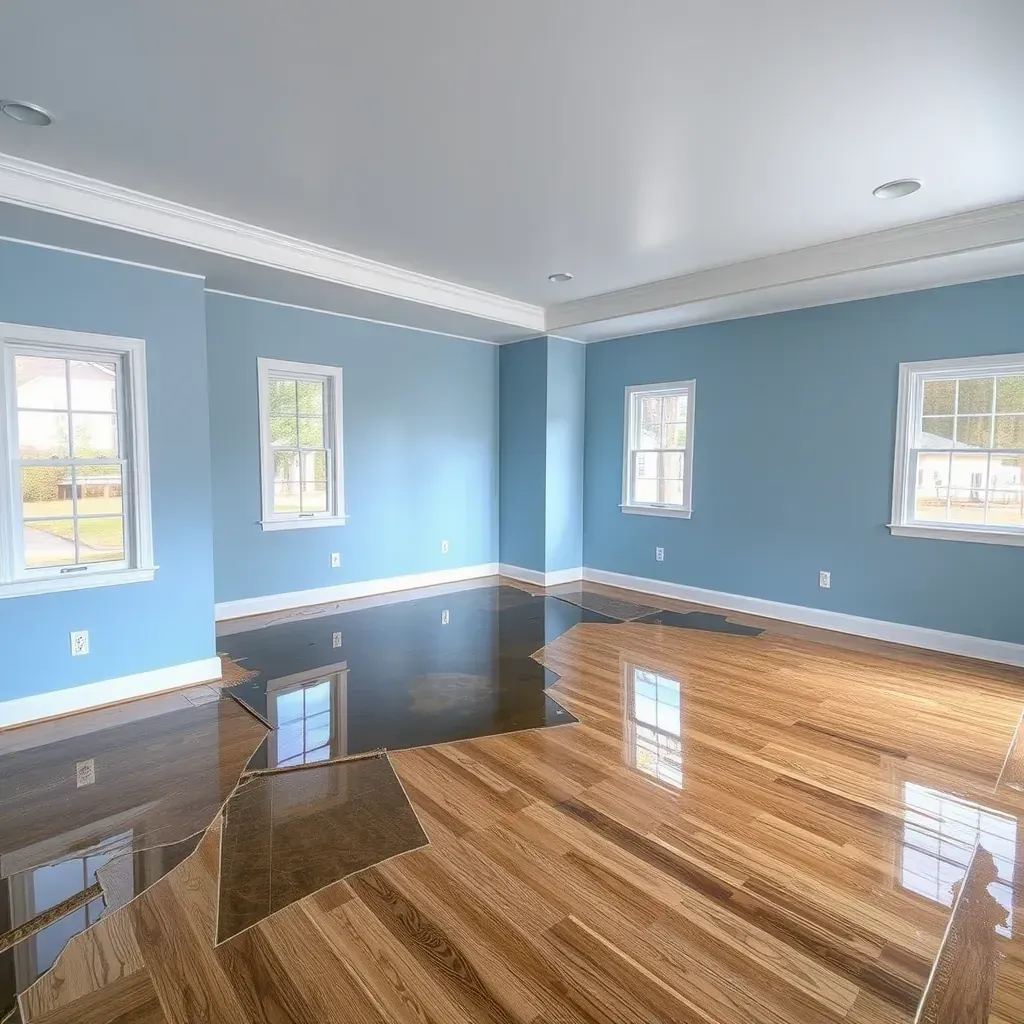 Water damage restoration in Youngsville, NC: restored basement with new flooring, drywall, tools, and drying equipment.