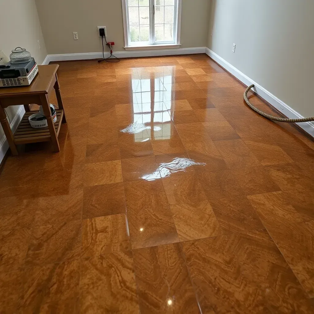 Restored residential room in Butner, NC showing drying equipment, water stains, and signs of water damage repair.