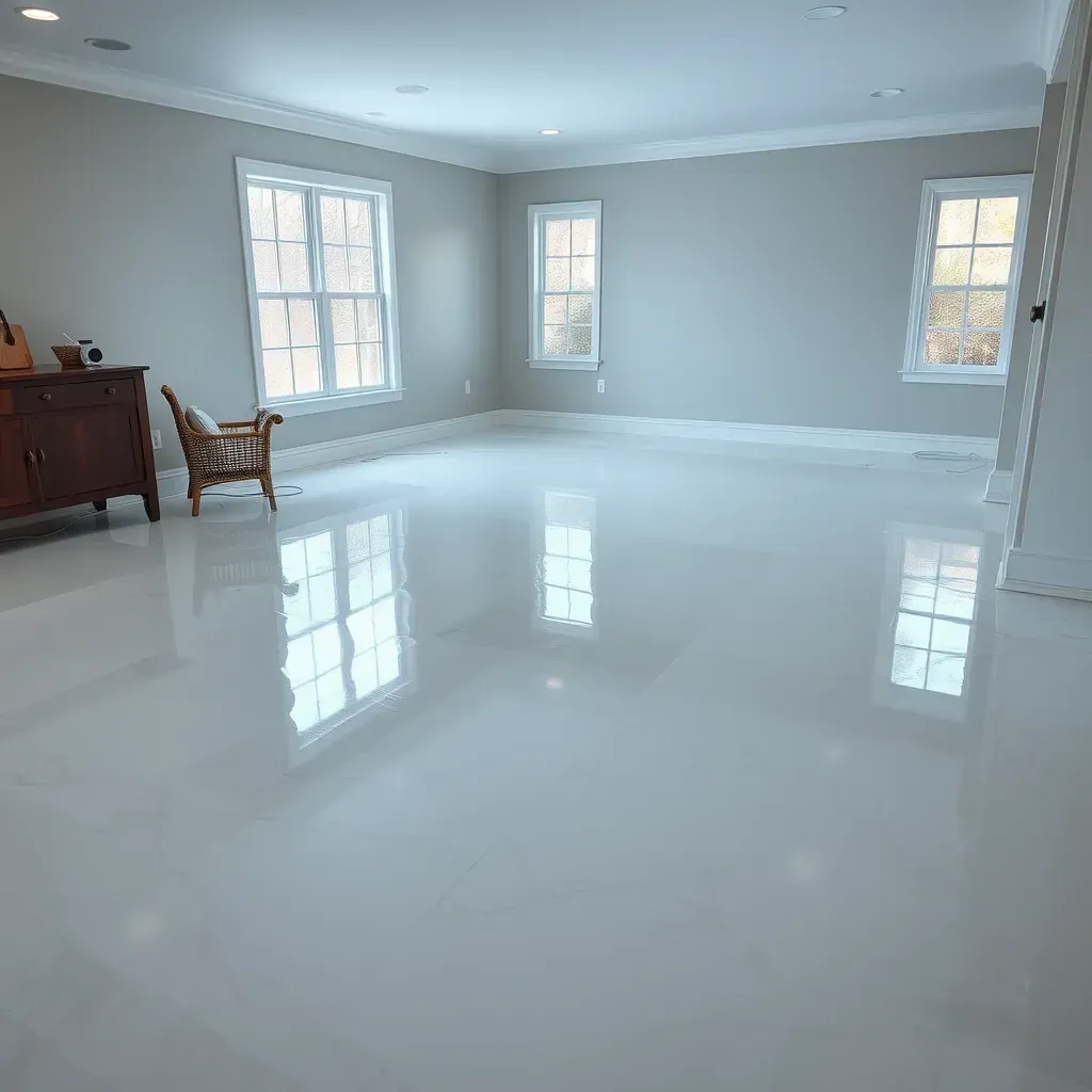 Water damage restoration scene in Fuquay-Varina, NC showing flooded carpets, water-stained walls, drying equipment, and exposed wall framing.