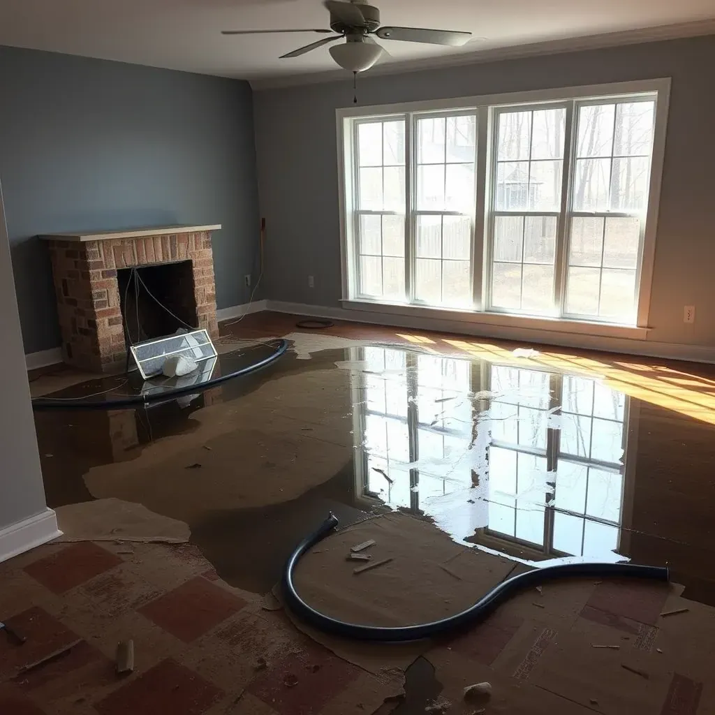 Water damage restoration scene in Franklinton, NC with wet floors, damaged drywall, and restoration equipment in use.