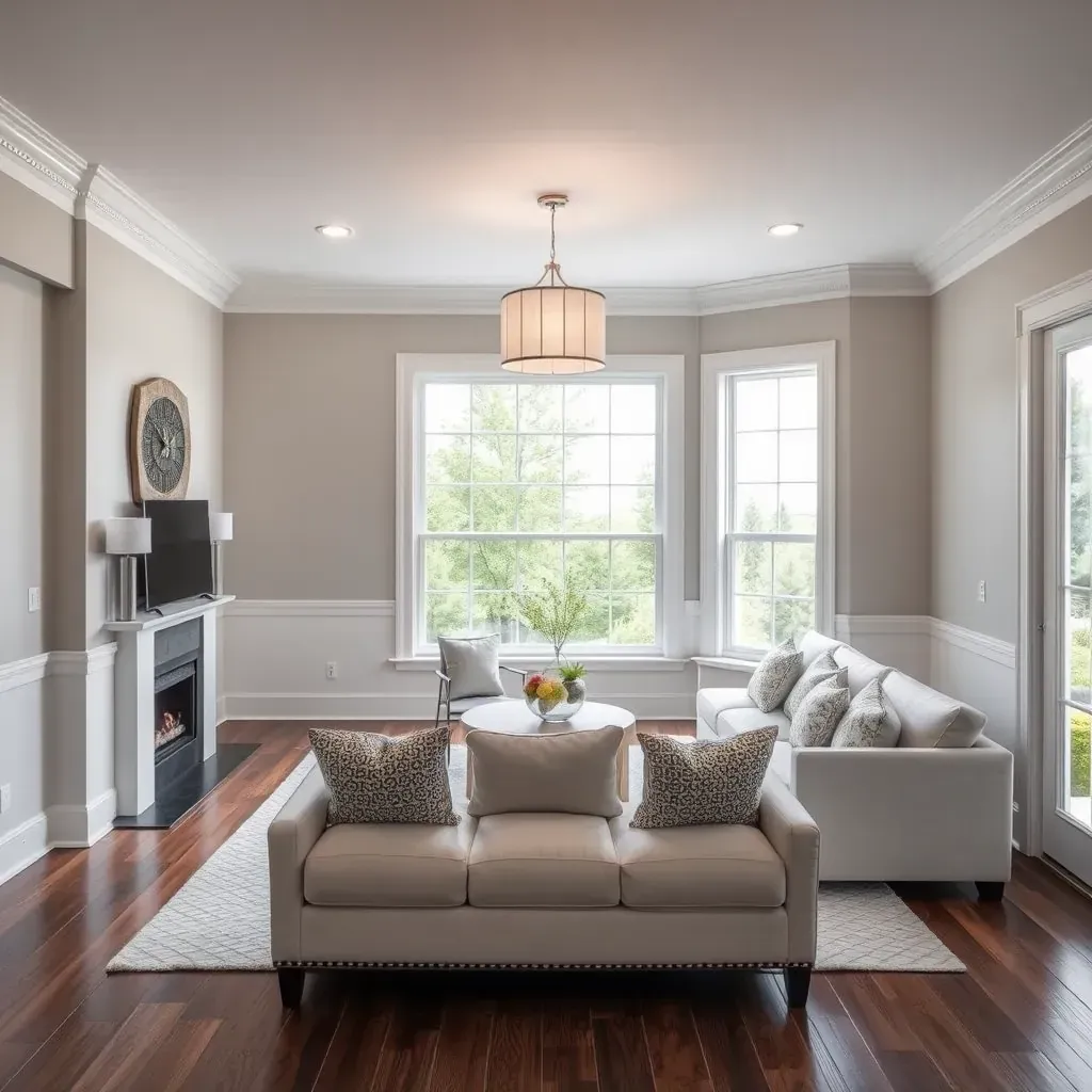 Renovated Clayton, NC farmhouse-style home with white siding, wooden accents, large black-framed windows, porch, and lush landscaping.