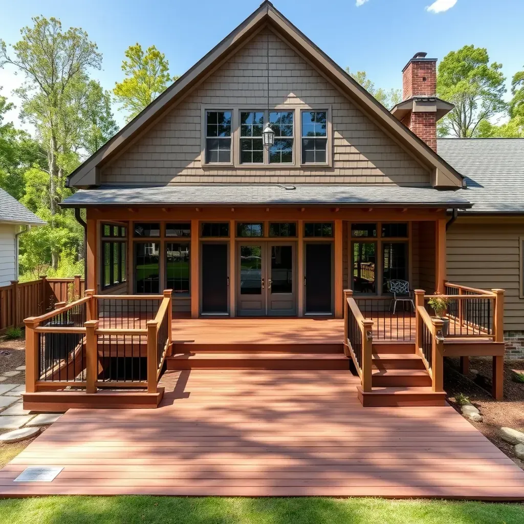 Freshly built cedar deck in Raleigh, NC backyard with lush greenery, modern homes, and construction tools nearby.