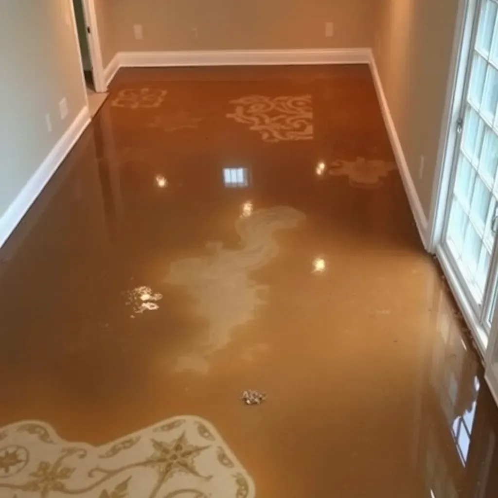 Water damage restoration scene in Raleigh, NC showing cleaned, dried interior with drying equipment and water-stained walls.