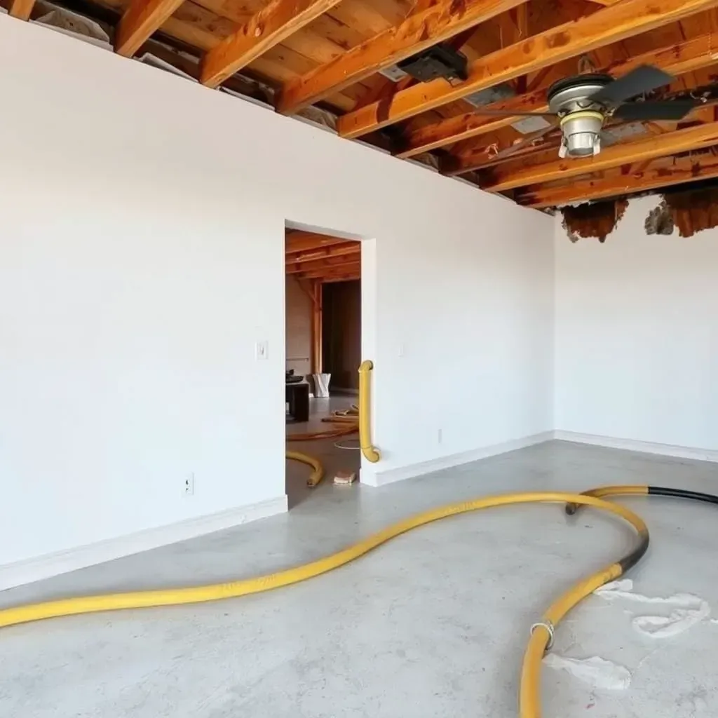 Fire damage restoration in Raleigh: charred walls, soot, damaged furniture, restoration tools, and ongoing cleanup process.