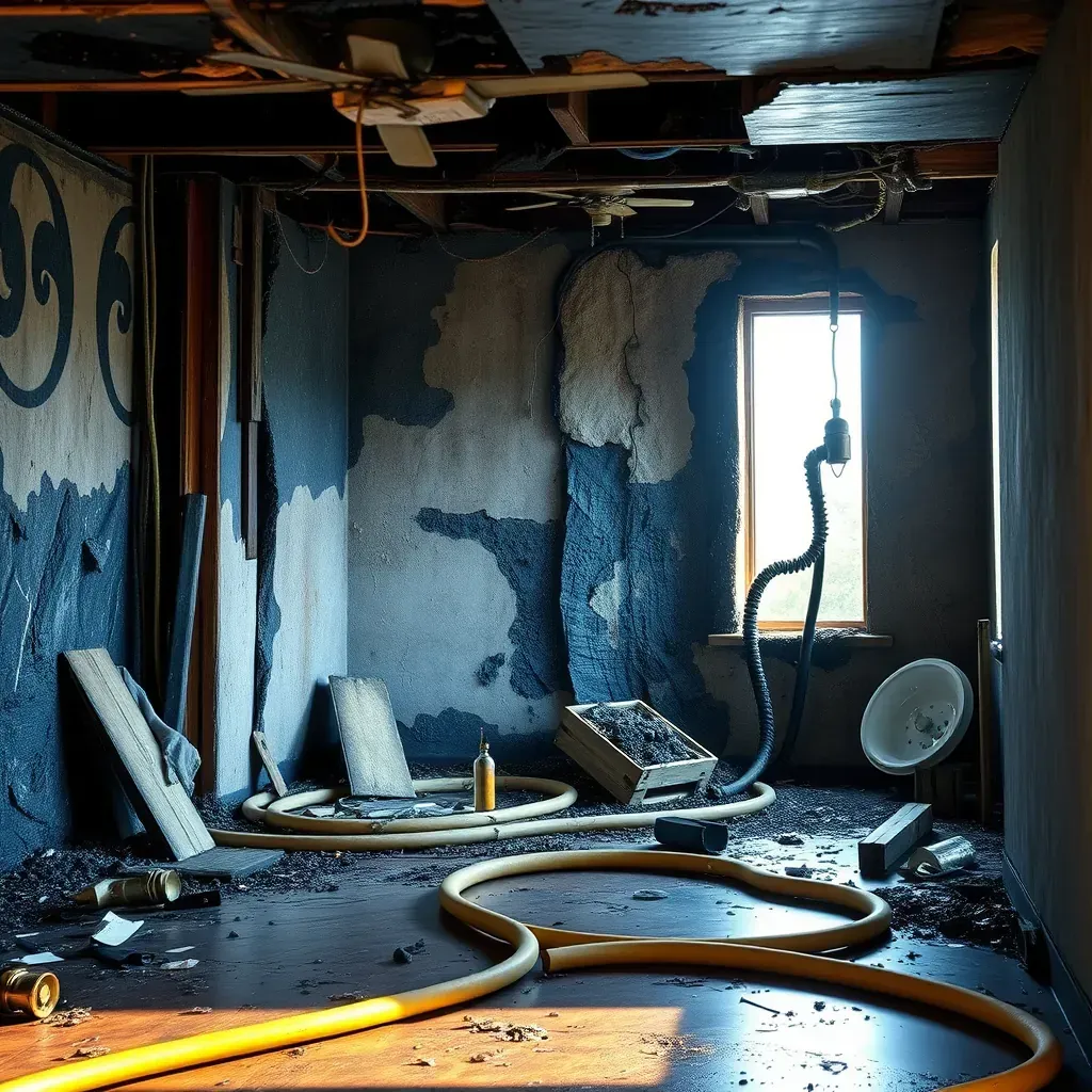 Fire damage restoration scene in Raleigh, NC showing charred walls, soot, debris, and restoration equipment at a damaged property.