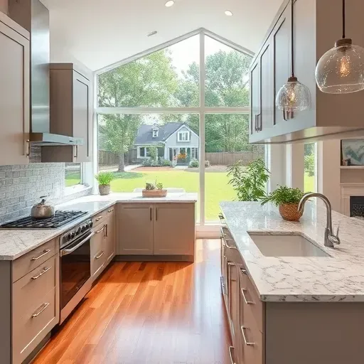 Renovated Lillington, NC kitchen with granite counters, hardwood floors, custom cabinets, natural light, and modern appliances.