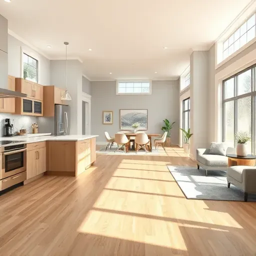 Interior of a renovated Chapel Hill home with hardwood floors, modern kitchen, large windows, and neutral modern decor.