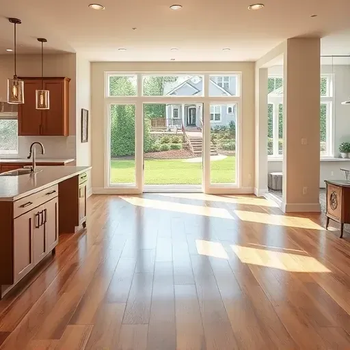 Beautiful renovated modern living room with hardwood floors, contemporary furniture, large windows, and seamless open-concept kitchen in Angier, NC.