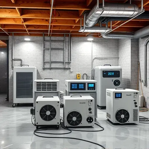 Water damage restoration scene in a well-lit basement with dehumidifiers, air movers, moisture meters, damp drywall, and wooden beams.