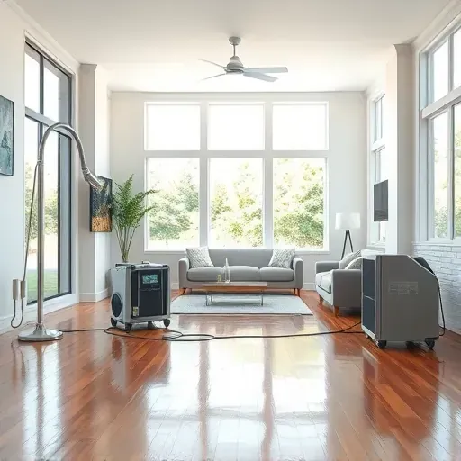 Restored, well-lit living room in Angier, NC, showing dry drywall, polished hardwood floors, and moisture control equipment.