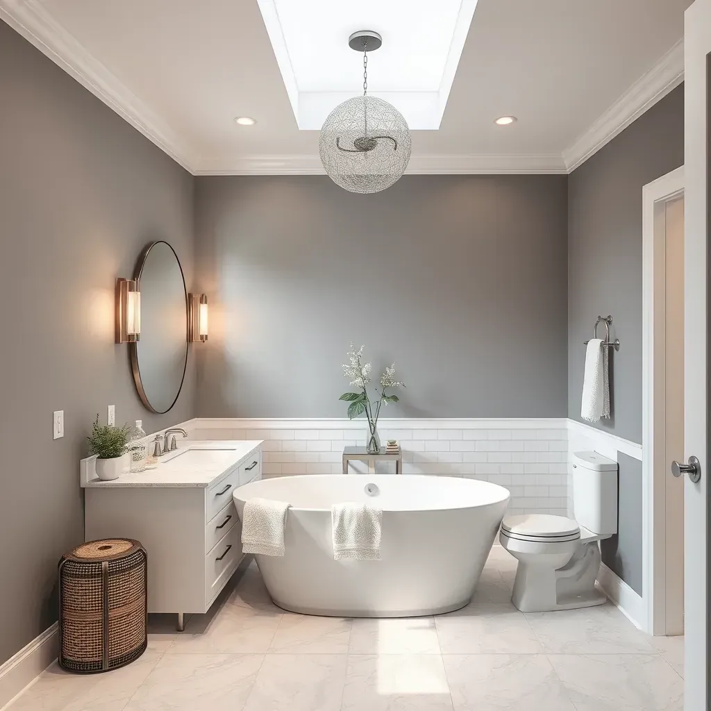 Modern Raleigh bathroom with walk-in shower, freestanding tub, double vanity, elegant tile, natural light, and stylish decor.