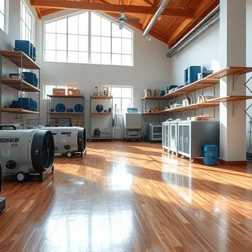 Water damage restoration in Clayton, NC shows a clean, organized industrial workspace with equipment and restored hardwood floors.