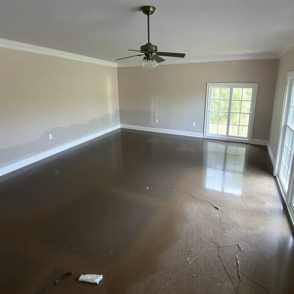 Water damage restoration in Garner, NC showing water-stained walls, buckled floors, and industrial drying equipment.