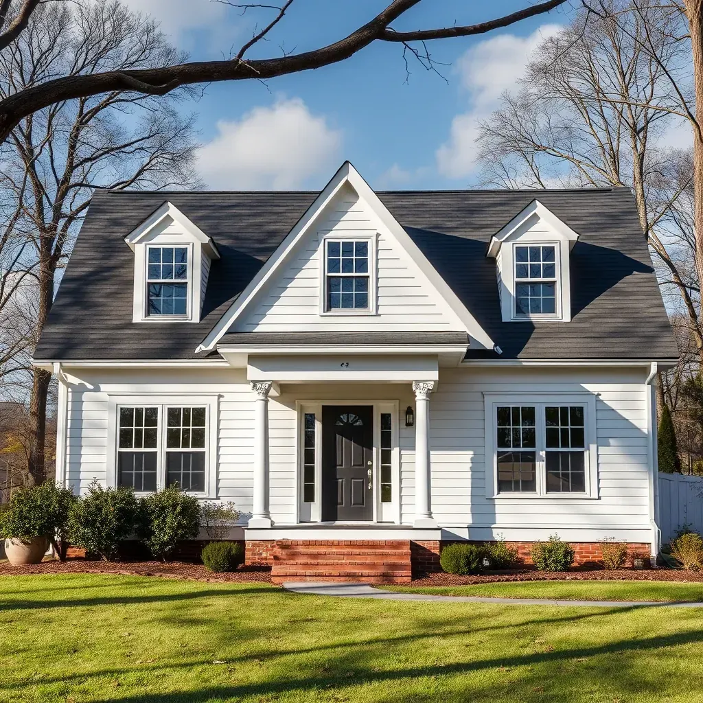 Restored Durham, NC historic home with gray siding, white trim, new porch, landscaped yard, garden, deck, fire pit, and rustic shed.