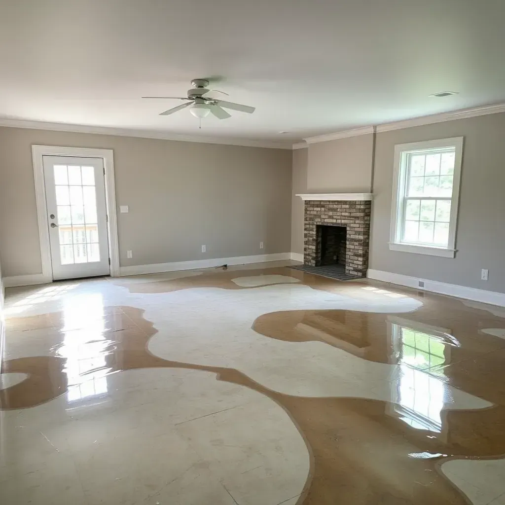 Water damage restoration scene in Coats, NC showing wet carpet, warped flooring, restoration equipment, and water stains inside a Southern-style home.
