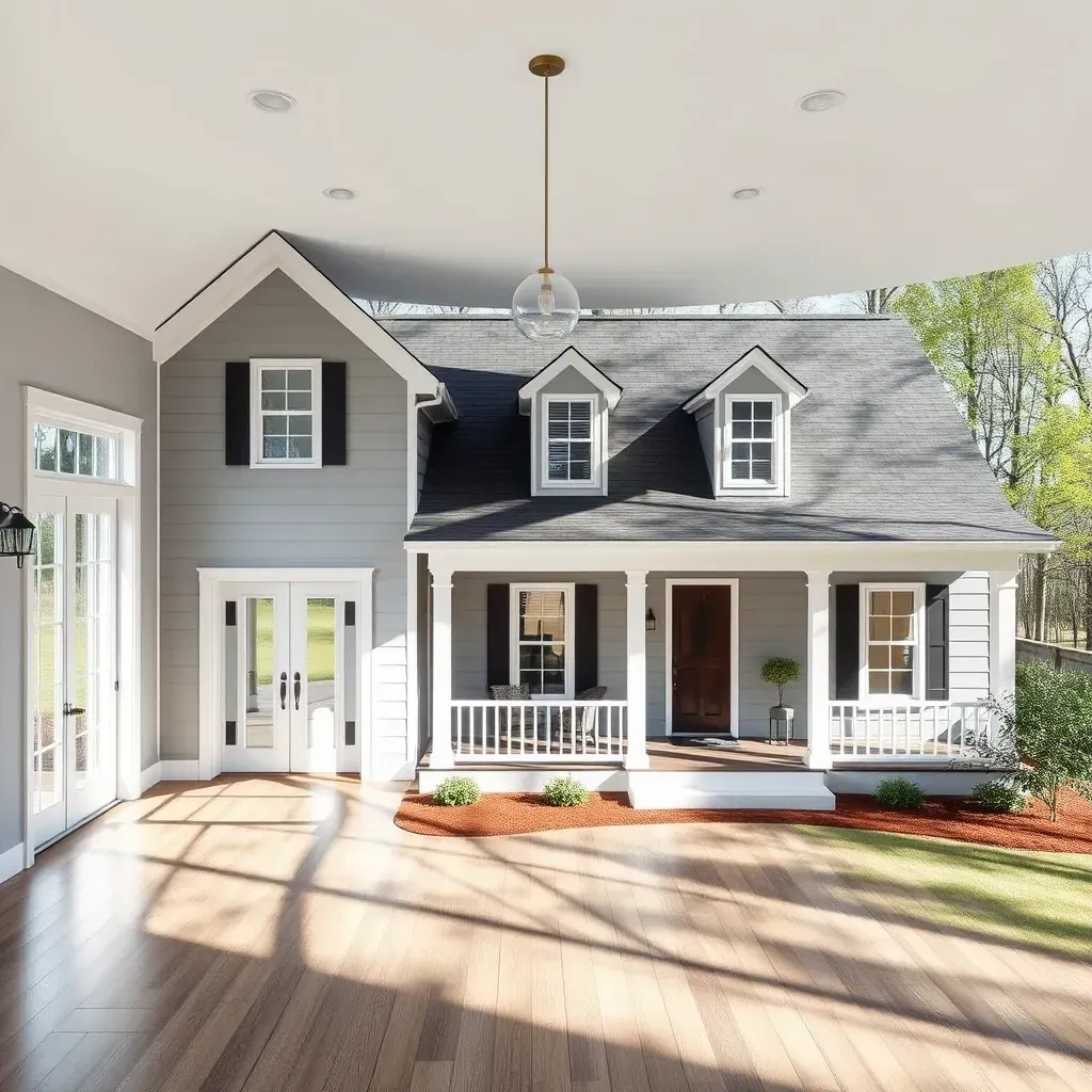 Restored Craftsman home in Pittsboro, NC with beige siding, white trim, black-framed windows, lush yard, and renovation tools.