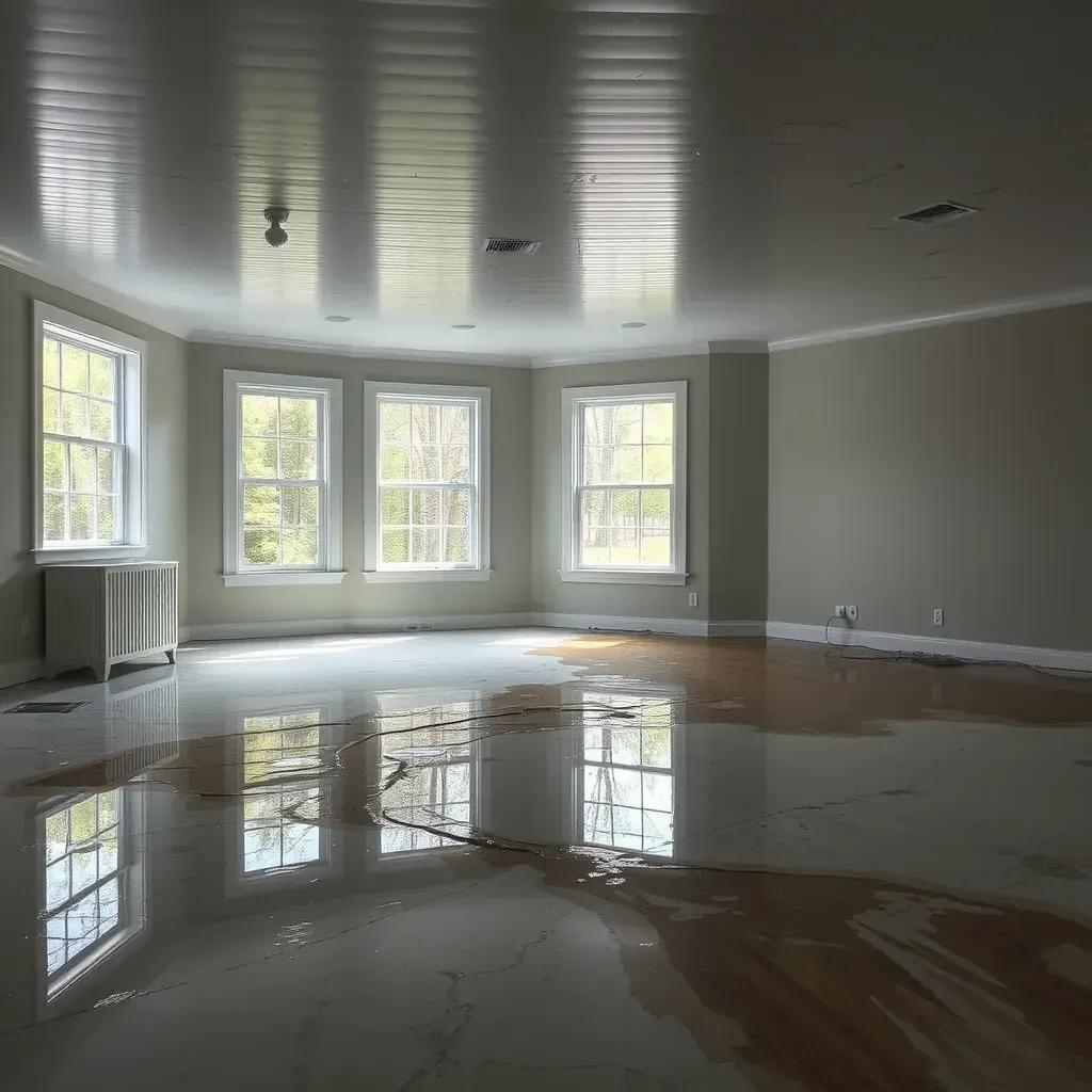 Water damage restoration scene in Creedmoor, NC with drying equipment, wet floors, damaged drywall, and moisture tools.