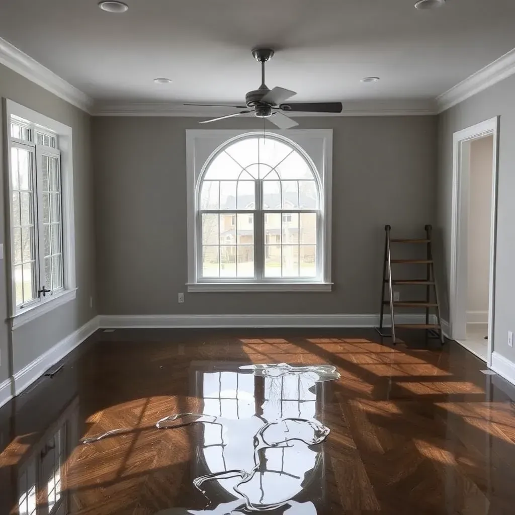 Water damage restoration scene inside a Holly Springs, NC home showing wet drywall, soaked floors, water extraction equipment, and restoration tools.
