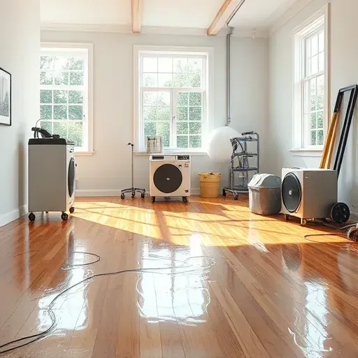 Water damage restoration in Raleigh, NC: repaired interior with hardwood floors, drywall, dehumidifiers, and new moisture-resistant paint.