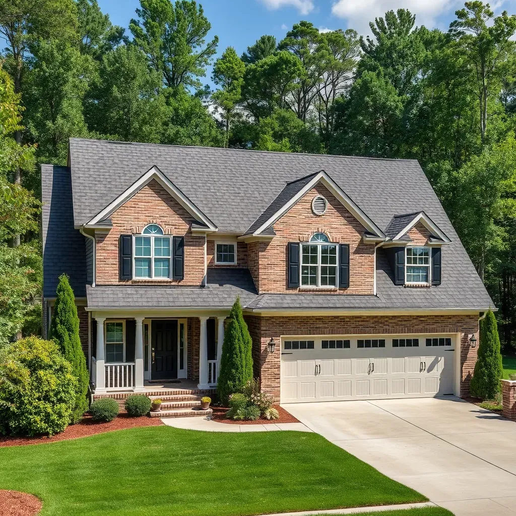 Detailed Raleigh, NC roof with shingles and roofing materials on a sunny residential building, no people present.