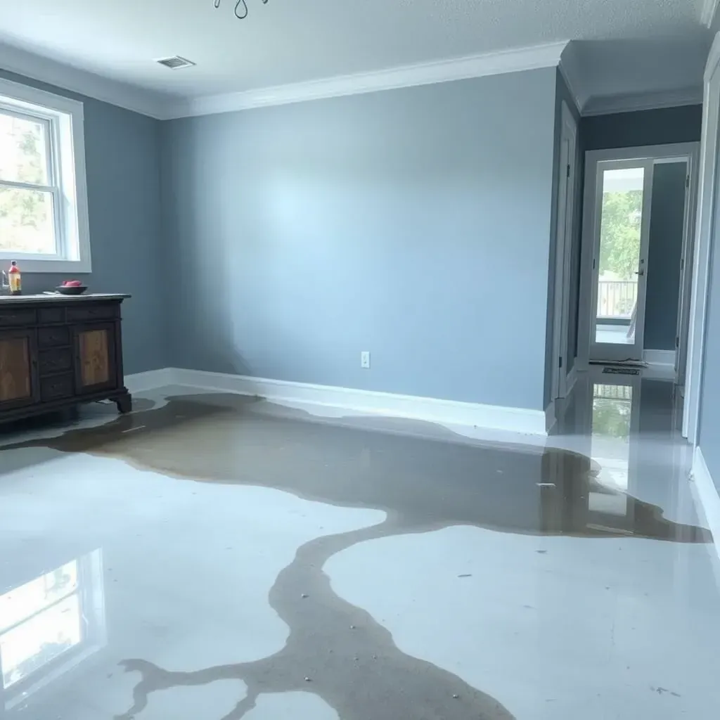 Water damage restoration in a home, showing wet floors, water stains, and drying equipment in Rolesville, NC.