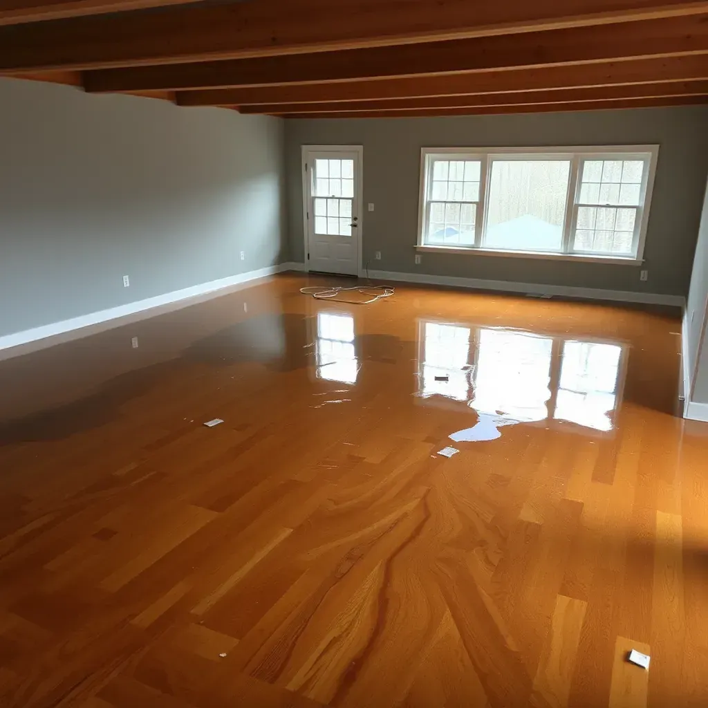 Water damage restoration scene inside a Erwin, NC home showing wet floors, drying equipment, and water-stained walls.