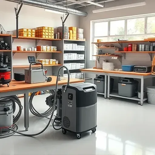 Modern water damage restoration workspace in Durham, NC, with organized tools, equipment, and bright, clean environment.