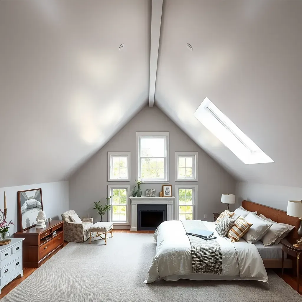 Attic restoration in Raleigh, NC, with exposed beams, vintage windows, and insulation being installed in a historic home.