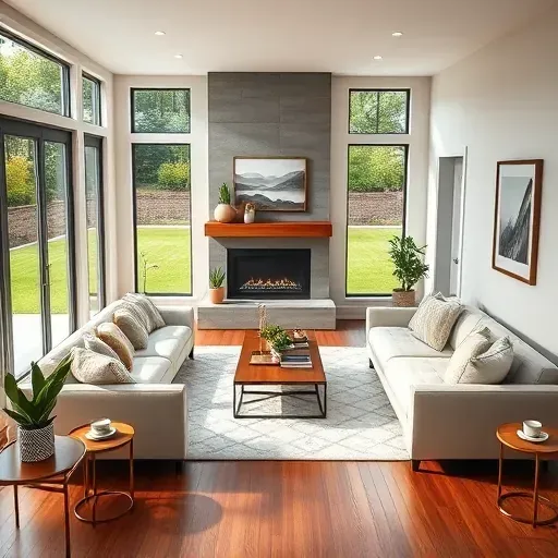 Renovated Morrisville living room with modern furniture, fireplace, large windows, hardwood floors, and landscaped backyard.