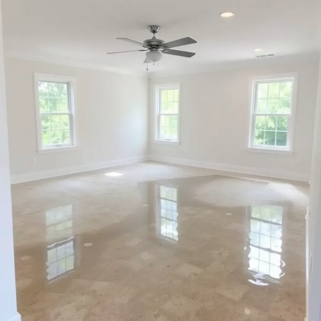 Water damage restoration in a Clayton, NC home featuring wet floors, peeling walls, restoration equipment, and open windows.