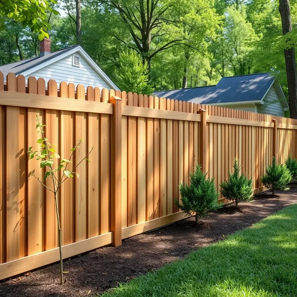 Freshly painted white wooden fence in a Raleigh backyard, surrounded by lush greenery and a manicured lawn.