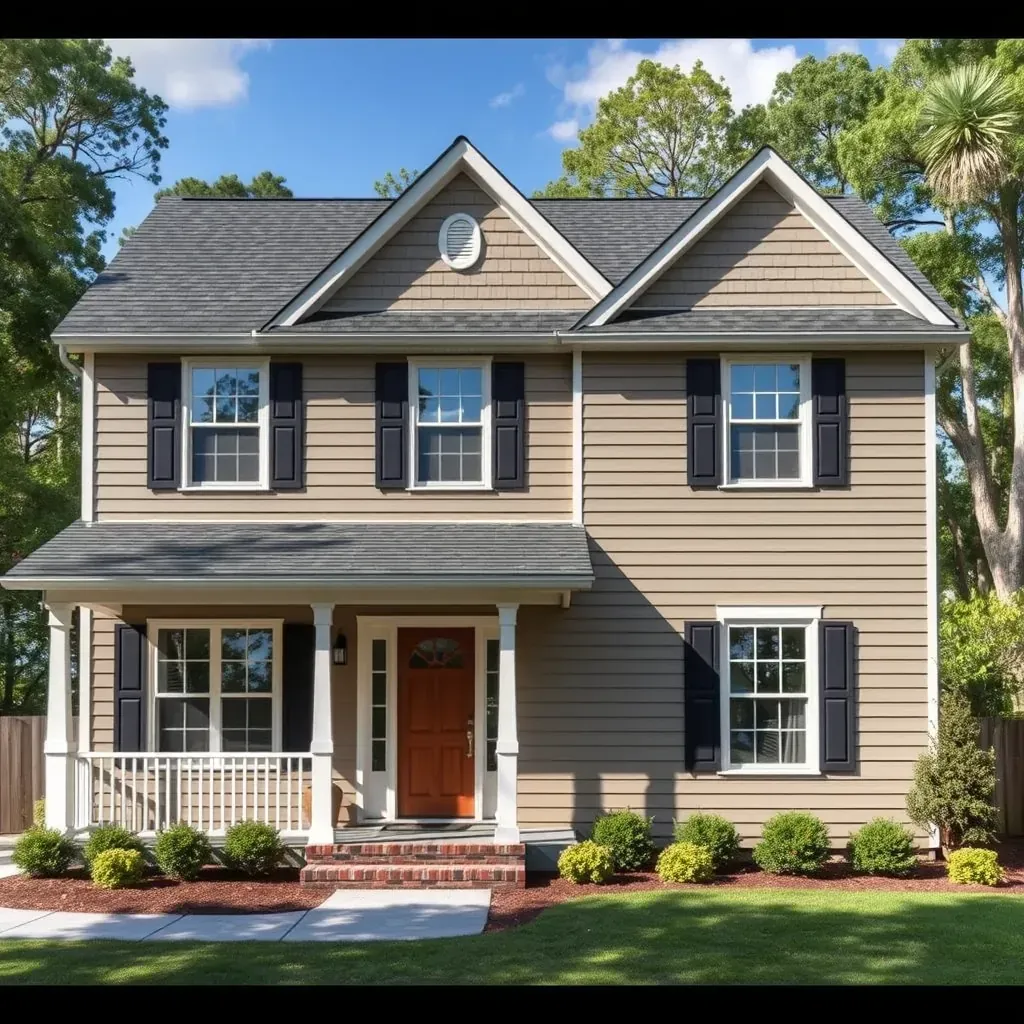 Close-up of beige vinyl siding on a house in Raleigh, NC, showcasing clean lines and textured surface details.