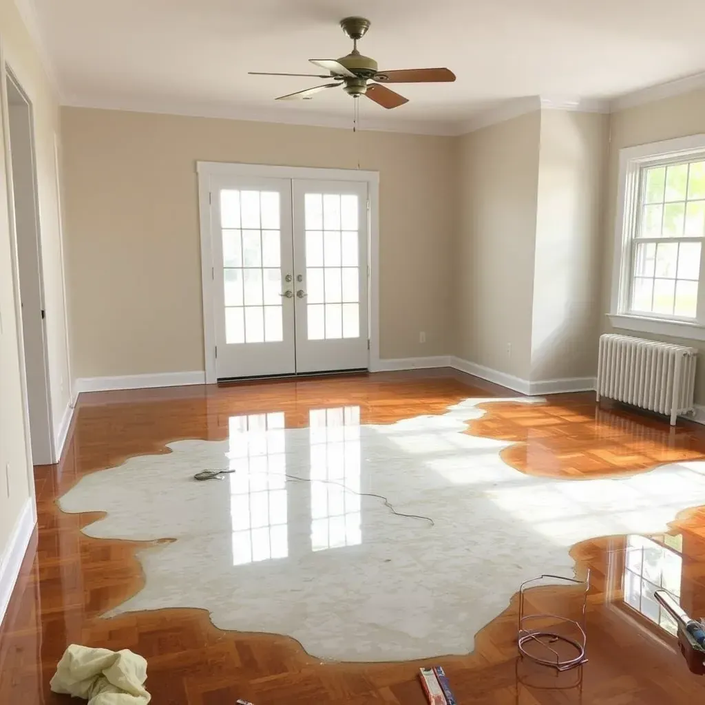 Water damage restoration in Youngsville, NC, with drying equipment, moisture monitors, and water-stained, warped ceilings.