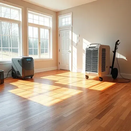 Restored Hillsborough NC living room with pristine hardwood, fresh paint, dehumidifier, and water extraction tech after water damage.
