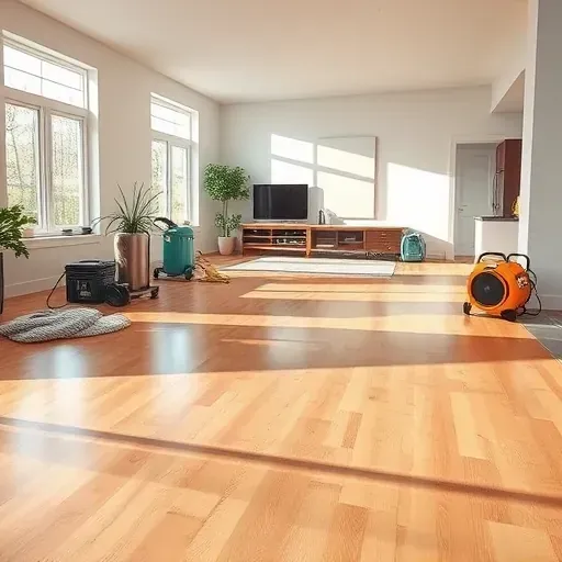 Water damage restoration in Carrboro, NC: cleaned, dried interior with restored hardwood floors, drywall, and organized equipment.