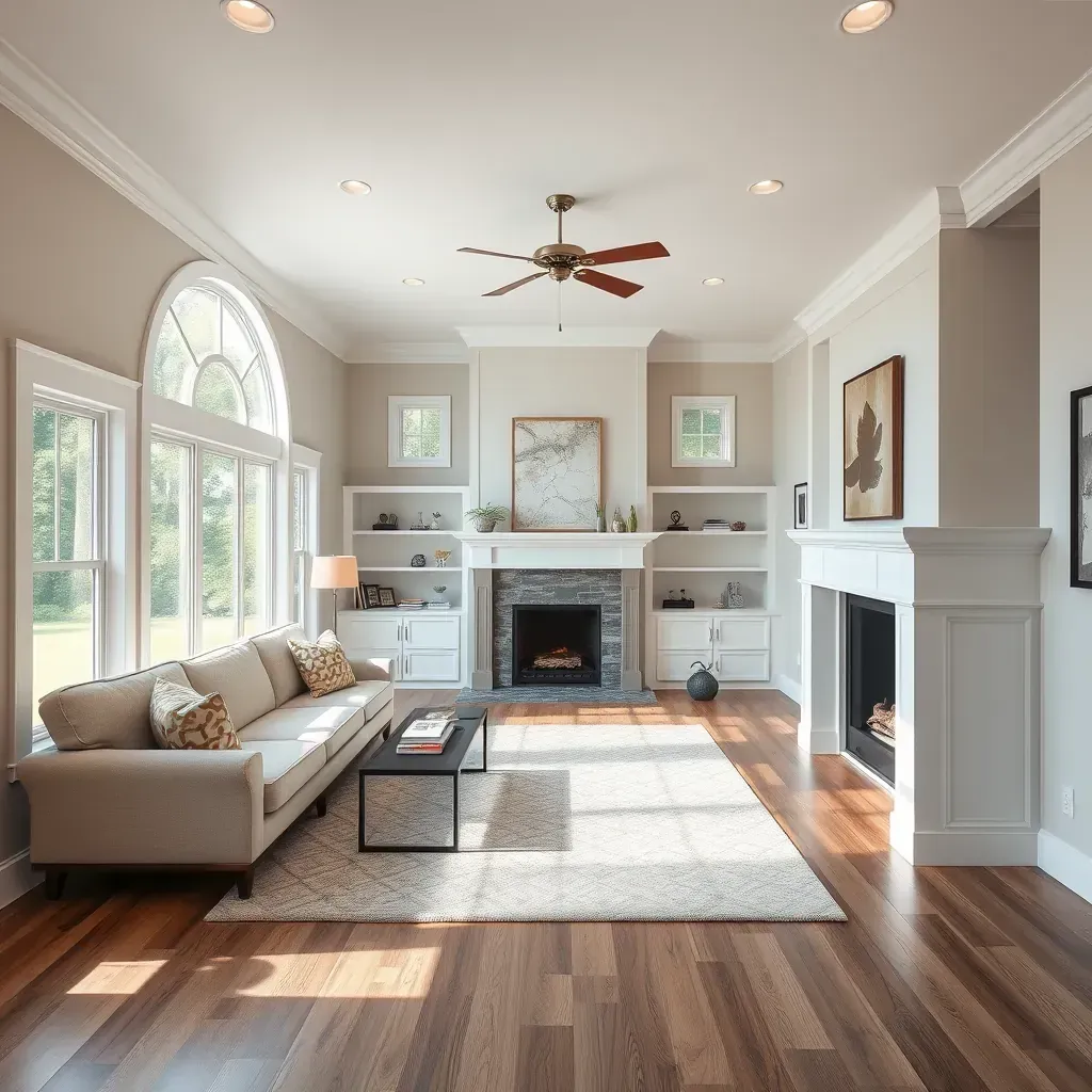 Restored Benson, NC home with neutral siding, white trim, black shutters, landscaped yard, and stylish porch details.