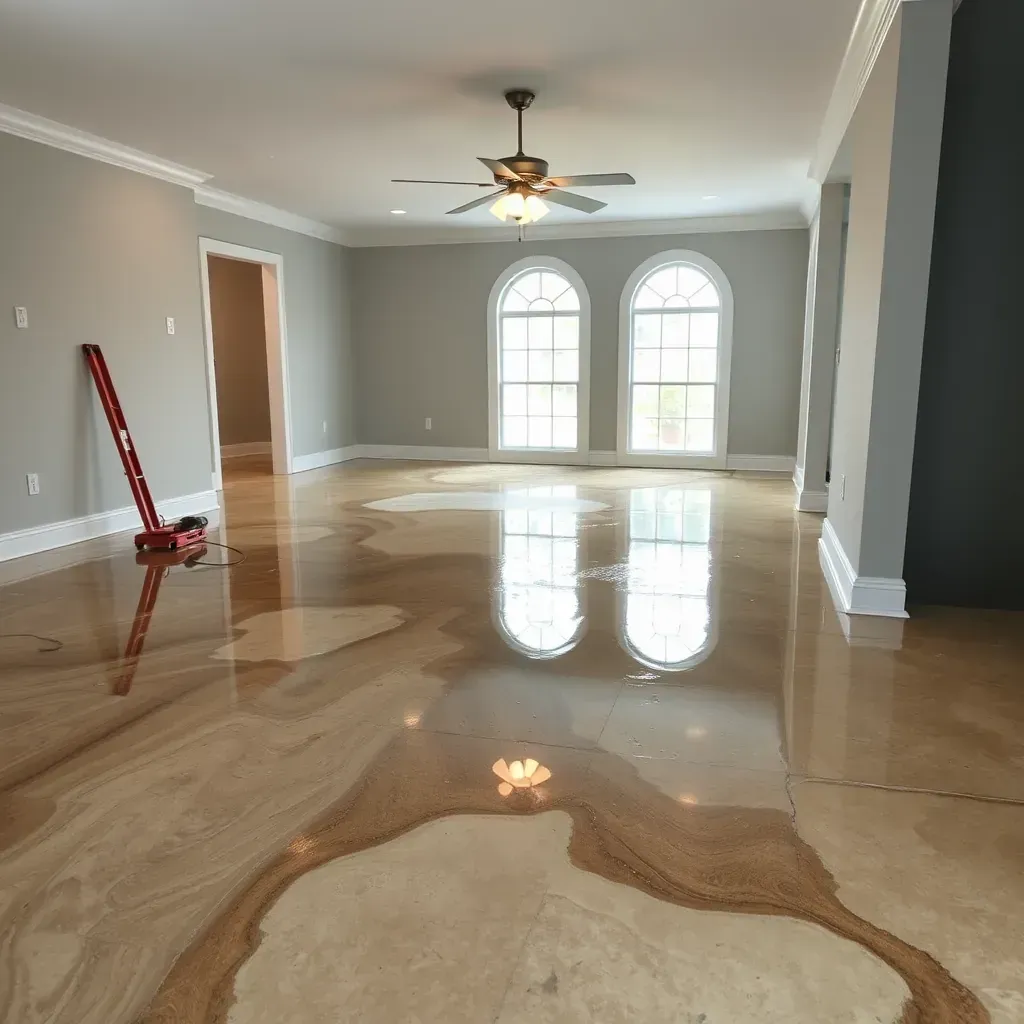 Water damage restoration scene in Fuquay-Varina, NC showing wet drywall, warped floors, moisture meters, and restoration equipment.