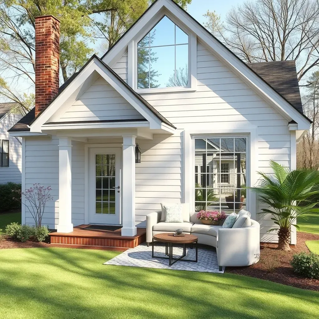 Modern home addition in Raleigh, NC with large windows, sleek siding, lush lawn, paved path, and landscaped yard.