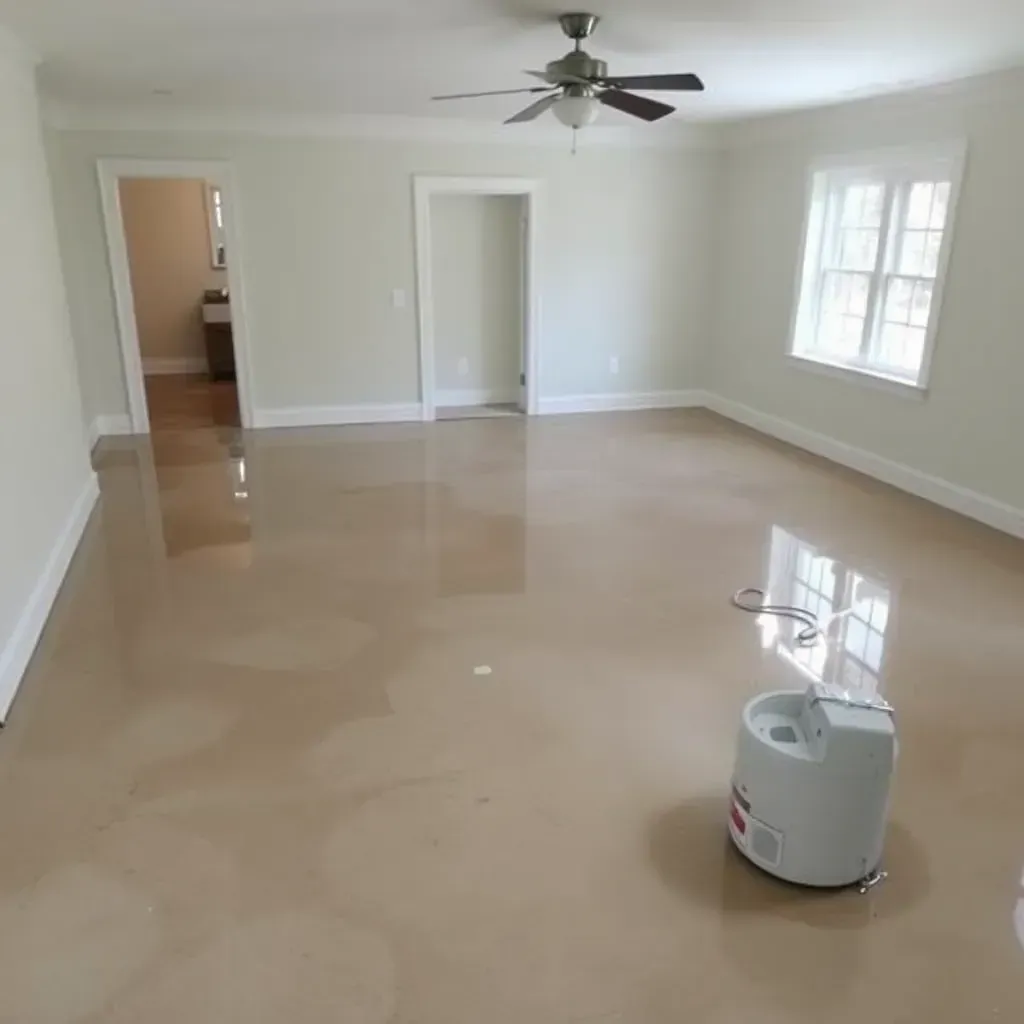 Water damage restoration scene in Pittsboro, NC, showing professional technicians repairing a flooded basement.
