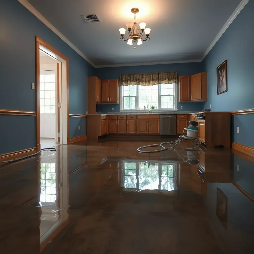 Interior of Middlesex, NC property with water stains, dehumidifiers, tools, and damaged drywall during restoration.