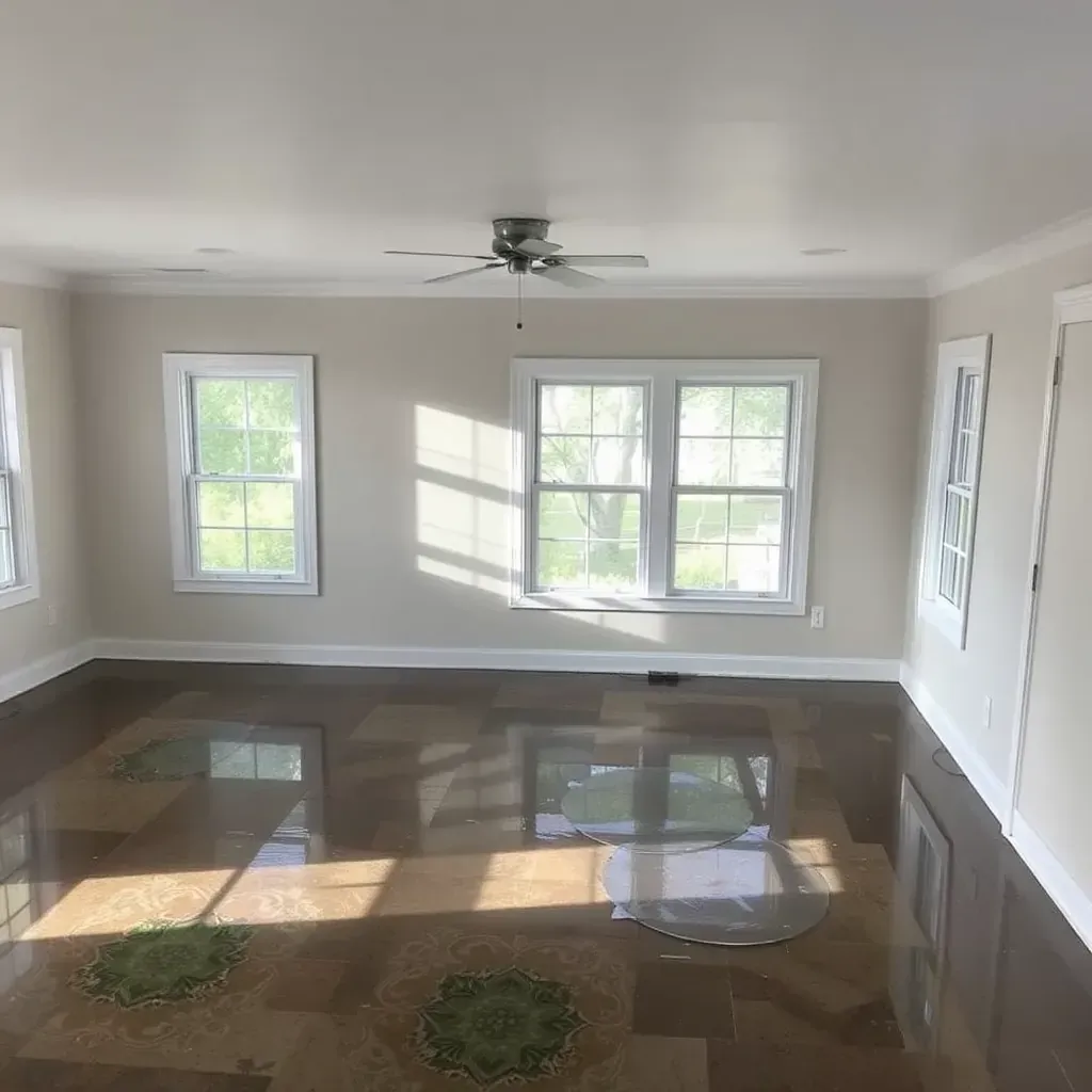 Water damage restoration in Carrboro, NC: soaked hardwood, moisture-affected walls, dehumidifiers, air movers, and containment barriers.