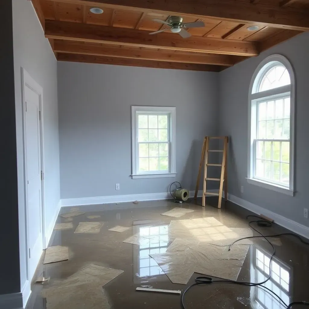 Water damage restoration scene in Wake Forest, NC featuring drying equipment, damaged walls, and water-stained floors inside a home.