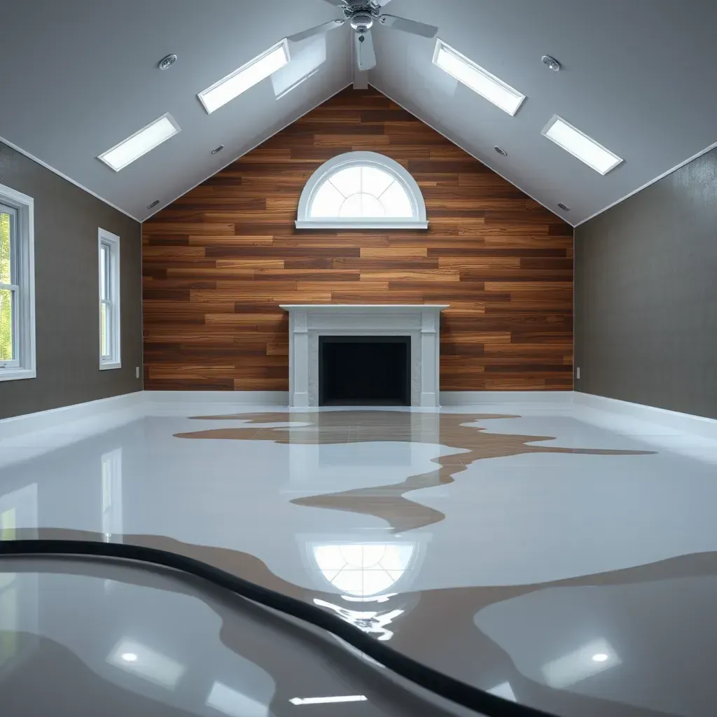 Water damage restoration in Four Oaks, NC: a modern living room restored with dry, clean surfaces and moisture removal equipment.