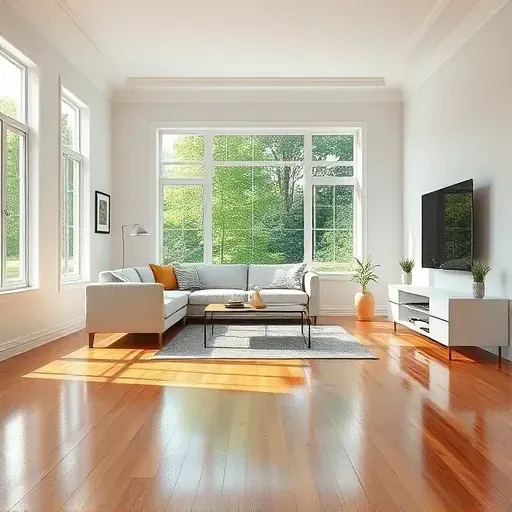 Restored Chapel Hill living room with pristine drywall, polished hardwood floors, modern furniture, and natural light.