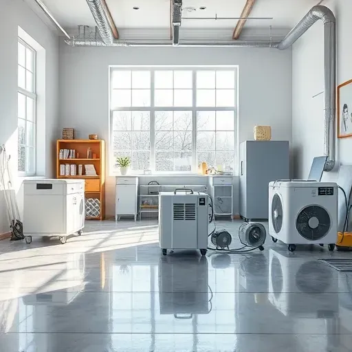 Interior of a water damage restoration shop with equipment, tools, and a repaired room in Franklinton, NC.