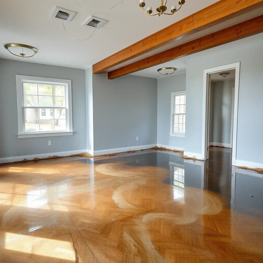 Water damage restoration in Benson, NC: warped wood floors, soaked carpet, peeling walls, and drying equipment.