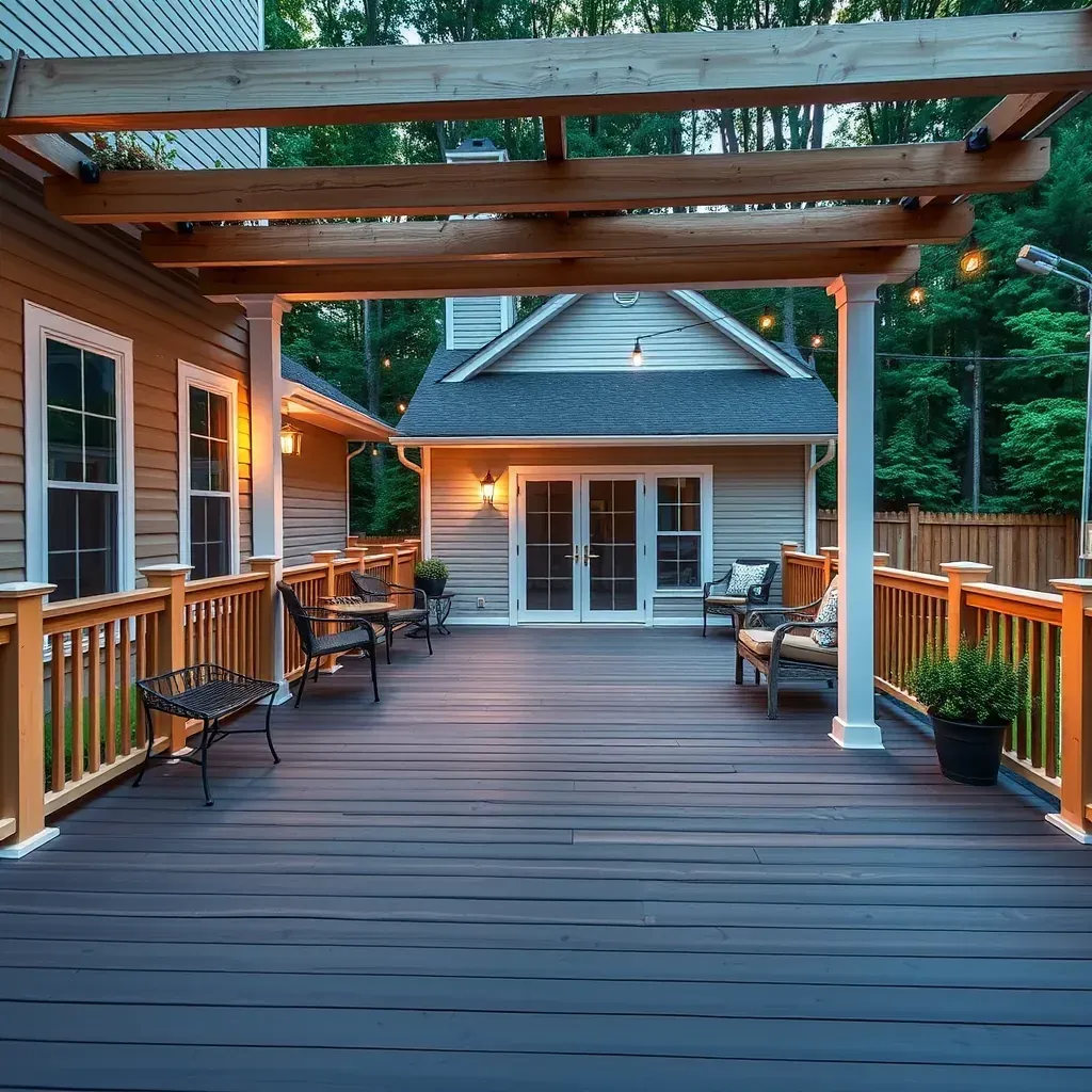 A detailed scene of deck building in Raleigh, NC, showcasing a contractor working on a wooden porch with tools and materials.