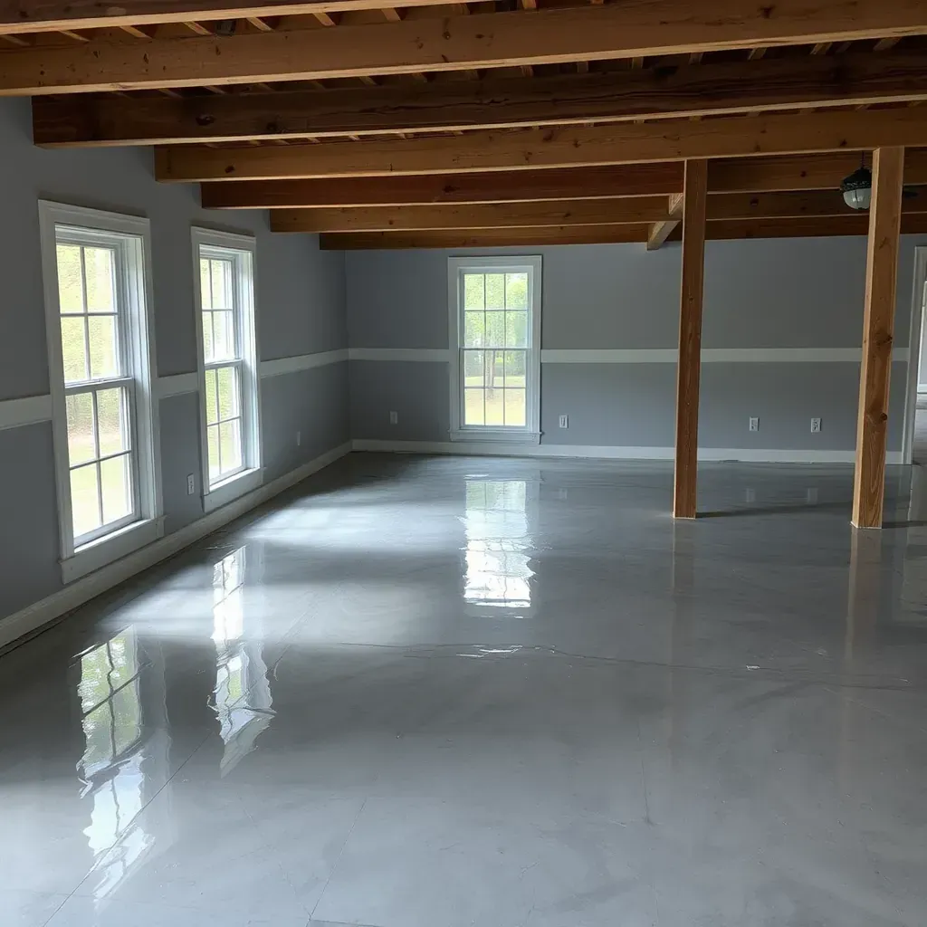 Water damage restoration scene in Coats, NC showing workers repairing flooded home walls and floors.