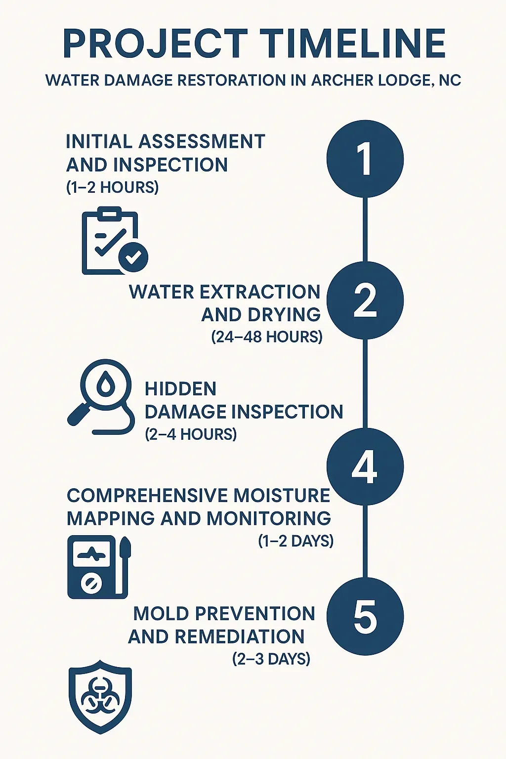 Infographic showing 5-step water damage restoration timeline in Archer Lodge, NC: assessment, extraction, inspection, monitoring, mold remediation.