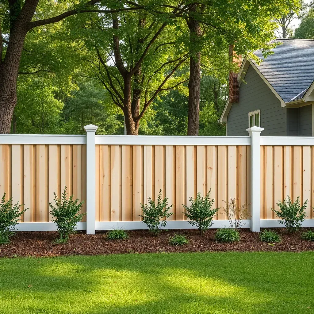 Fence undergoing renovation in a sunny Raleigh backyard, with partially stained wood, tools nearby, lush green trees in background.